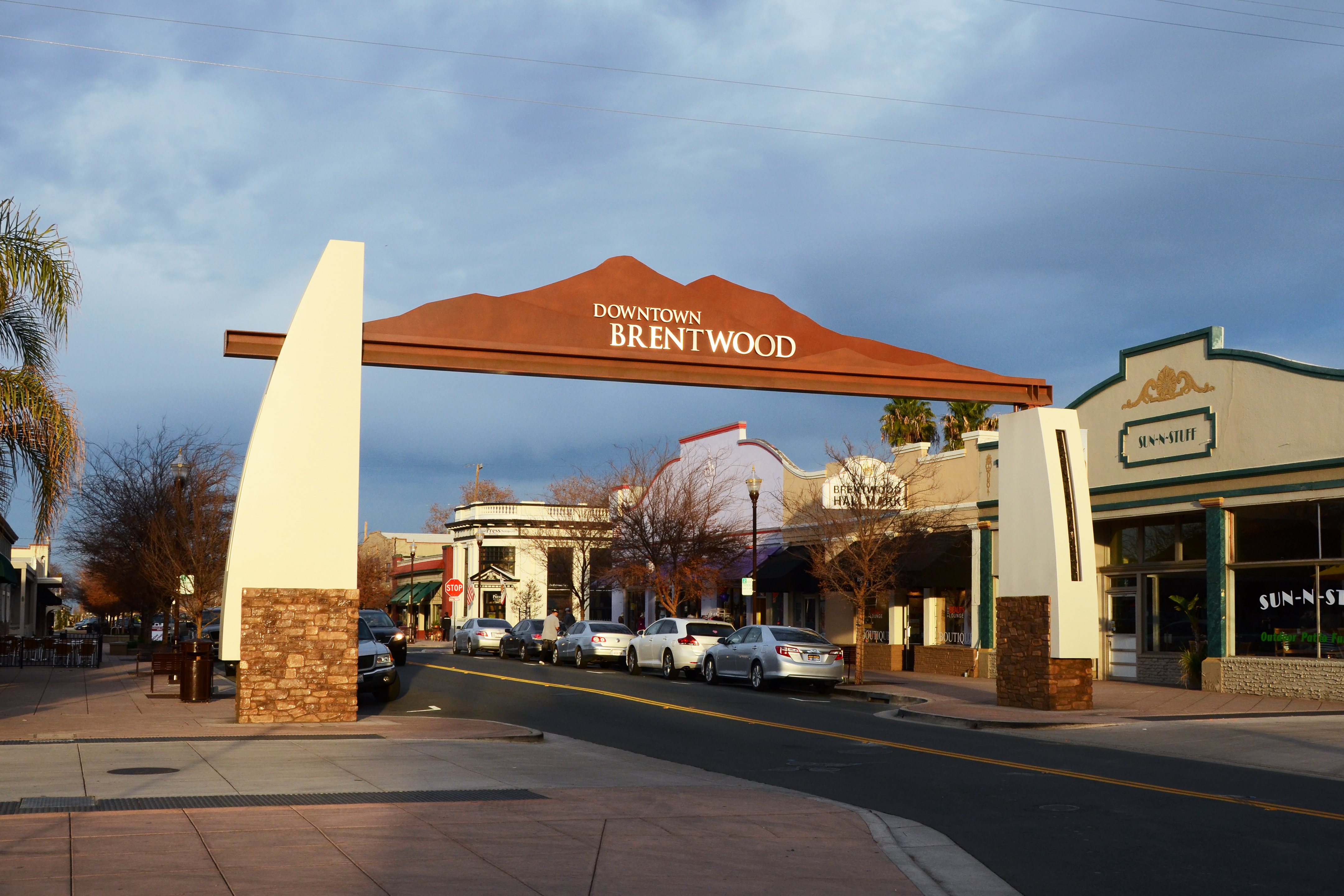 The gateway and storefronts of downtown Brentwood, California